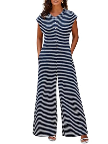 Cicy Bell Jumpsuit Damen Sommer Gestreift Kurzarm Overall Weites Bein Elegant Romper mit Knöpfen und Taschen Bequem für Strand und Alltag von Cicy Bell