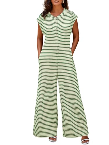 Cicy Bell Jumpsuit Damen Sommer Gestreift Kurzarm Overall Weites Bein Elegant Romper mit Knöpfen und Taschen Bequem für Strand und Alltag von Cicy Bell