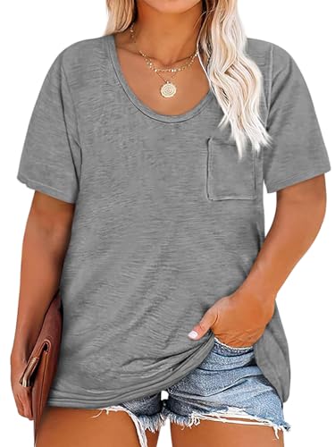 Cicy Bell Damen Große Größen T-Shirt Kurzarm Rundhalsausschnitt Oversized Sommer Tops Plus Size Lockere Oberteil mit Taschen(Grau,XXL) von Cicy Bell