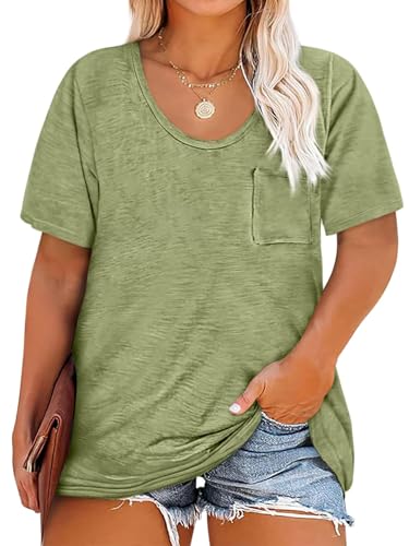 Cicy Bell Damen Große Größen T-Shirt Kurzarm Rundhalsausschnitt Oversized Sommer Tops Plus Size Lockere Oberteil mit Taschen(Grün,XXXXXL) von Cicy Bell