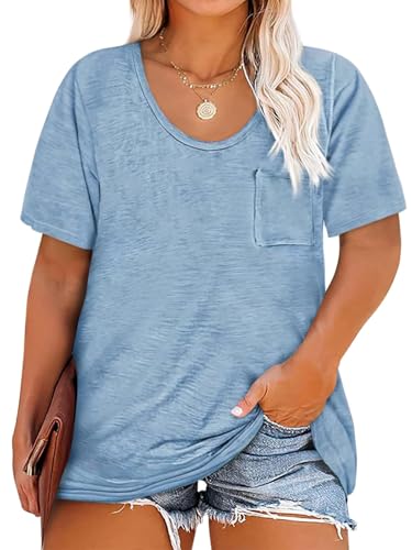 Cicy Bell Damen Große Größen T-Shirt Kurzarm Rundhalsausschnitt Oversized Sommer Tops Plus Size Lockere Oberteil mit Taschen(Himmelblau,XXL) von Cicy Bell