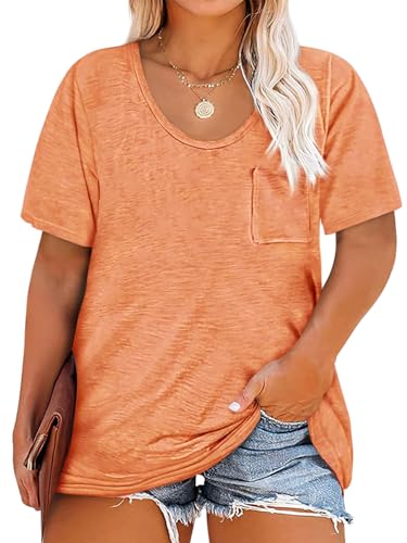 Cicy Bell Damen Große Größen T-Shirt Kurzarm Rundhalsausschnitt Oversized Sommer Tops Plus Size Lockere Oberteil mit Taschen(Orange,XXXXL) von Cicy Bell