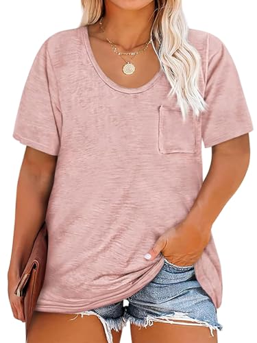 Cicy Bell Damen Große Größen T-Shirt Kurzarm Rundhalsausschnitt Oversized Sommer Tops Plus Size Lockere Oberteil mit Taschen(Rosa,XXL) von Cicy Bell
