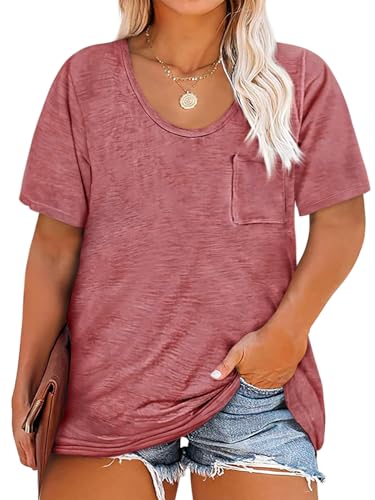 Cicy Bell Damen Große Größen T-Shirt Kurzarm Rundhalsausschnitt Oversized Sommer Tops Plus Size Lockere Oberteil mit Taschen(Rot,XL) von Cicy Bell