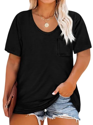 Cicy Bell Damen Große Größen T-Shirt Kurzarm Rundhalsausschnitt Oversized Sommer Tops Plus Size Lockere Oberteil mit Taschen(Schwarz,XXL) von Cicy Bell