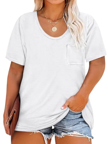 Cicy Bell Damen Große Größen T-Shirt Kurzarm Rundhalsausschnitt Oversized Sommer Tops Plus Size Lockere Oberteil mit Taschen(Weiß,XL) von Cicy Bell