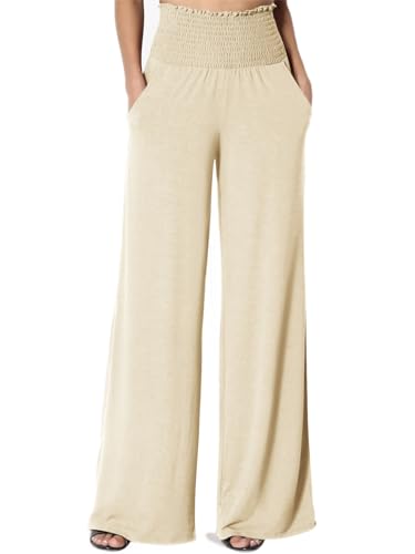 Cicy Bell Damen Hose Weite Beine Palazzo Hose Elastisch Hohe Taille Freizeithose mit Tasche(Beige, XXL) von Cicy Bell