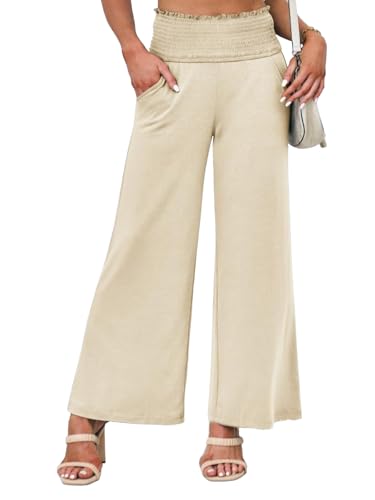 Cicy Bell Stoffhose Damen Sommer Elegant Palazzo Hose High Waist Flowy Weites Musselin Lockere Sommerhose Mit Tasche(Beige,XXL) von Cicy Bell