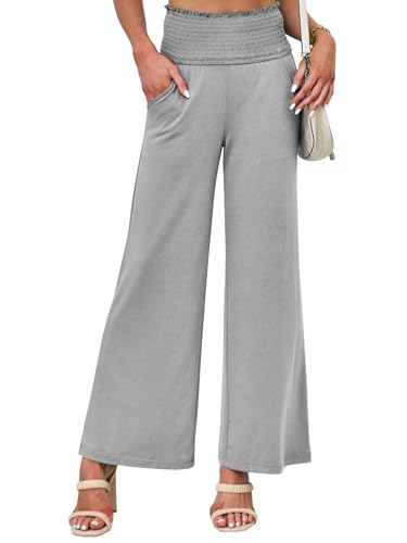 Cicy Bell Stoffhose Damen Sommer Elegant Palazzo Hose High Waist Flowy Weites Musselin Lockere Sommerhose Mit Tasche(Hellgrau,XL) von Cicy Bell