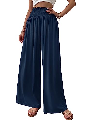 Cicy Bell Damen Hosen Gerade Locker Elastische Weite Beinhose Taille Palazzo Hose Mit Taschen Dunkelblau XXL von Cicy Bell