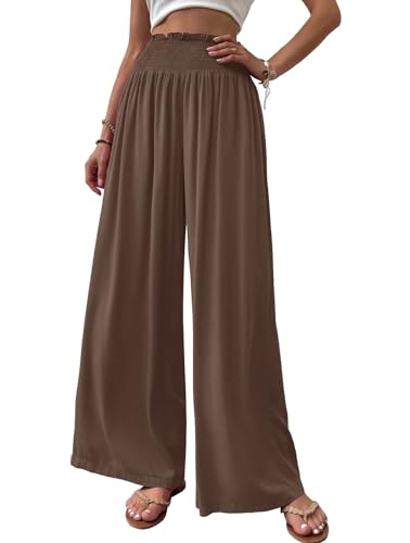 Cicy Bell Damen Hosen Gerade Locker Elastische Weite Beinhose Taille Palazzo Hose Mit Taschen Kaffee XL von Cicy Bell