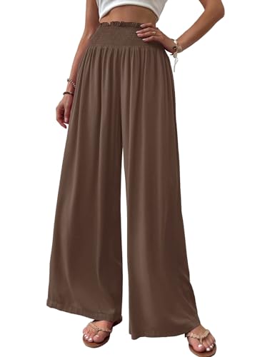 Cicy Bell Damen Hosen Gerade Locker Elastische Weite Beinhose Taille Palazzo Hose Mit Taschen Kaffee XXL von Cicy Bell