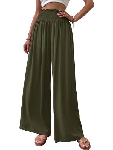 Cicy Bell Damen Hosen Gerade Locker Elastische Weite Beinhose Taille Palazzo Hose Mit Taschen Military Green M von Cicy Bell