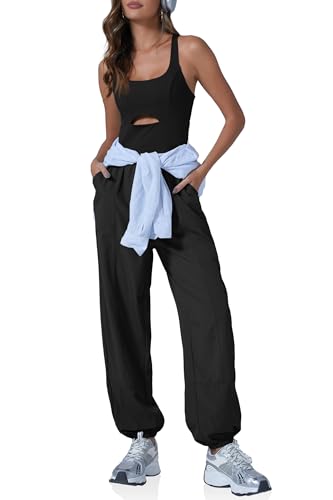 Cicy Bell Damen-Jumpsuit, Sportbekleidung, Einteiler, Yoga, Laufen, gekreuzter Rücken, lange Hose, Strampler mit Taschen, Schwarz, Small von Cicy Bell