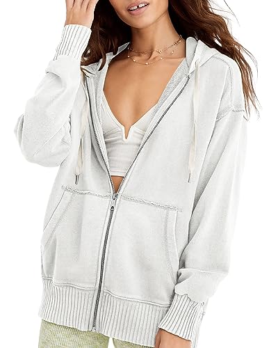 Cicy Bell Damen Sweatjacke Hoodie Oversize Kapuzenpullover Full Zip Pullover Oberteile Einfarbig Basic Sweatshirt Mit Taschen Weiß XL von Cicy Bell