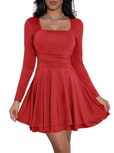 Cicy Bell Damen Kleider Langarm Quadratischer Ausschnitt Partykleid Rüschensaum Korsett Minikleid Geraffte Taille Kleid Kurz Elegant Bodycon Rot M von Cicy Bell