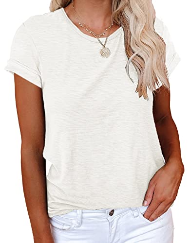 Cicy Bell Damen Kurzarm Shirts Rundhals Lose Casual Sommer Baumwolle Tees Tops, Z-weiß, Mittel von Cicy Bell