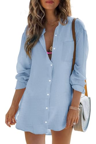 Cicy Bell Damen Langärmel Bluse Sommer Musselin Tops Baumwolle Casual Button Down Shirt Kleid Tops Loose Tunica Strandkleid Bikini Cover Up(Blau,M) von Cicy Bell