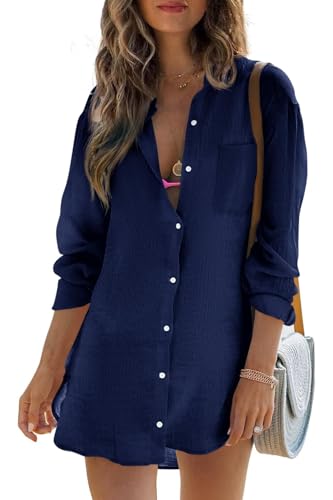 Cicy Bell Damen Langärmel Bluse Sommer Musselin Tops Baumwolle Casual Button Down Shirt Kleid Tops Loose Tunica Strandkleid Bikini Cover Up(Marineblau,XL) von Cicy Bell