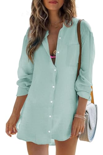 Cicy Bell Damen Langärmel Bluse Sommer Musselin Tops Baumwolle Casual Button Down Shirt Kleid Tops Loose Tunica Strandkleid Bikini Cover Up(Minze,XL) von Cicy Bell