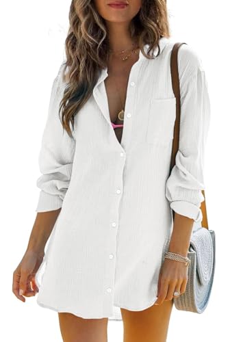 Cicy Bell Damen Langärmel Bluse Sommer Musselin Tops Baumwolle Casual Button Down Shirt Kleid Tops Loose Tunica Strandkleid Bikini Cover Up(Weiß,XL) von Cicy Bell
