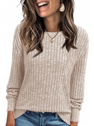 Cicy Bell Damen Langarmshirt Leichte Strickpullover Henley Shirt Dressy Casual Rundhals Sweatshirt Loose Fit Tunika Tops,Aprikose,S von Cicy Bell