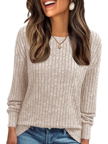 Cicy Bell Damen Langarmshirt Leichte Strickpullover Henley Shirt Dressy Casual Rundhals Sweatshirt Loose Fit Tunika Tops,Aprikose,XXL von Cicy Bell