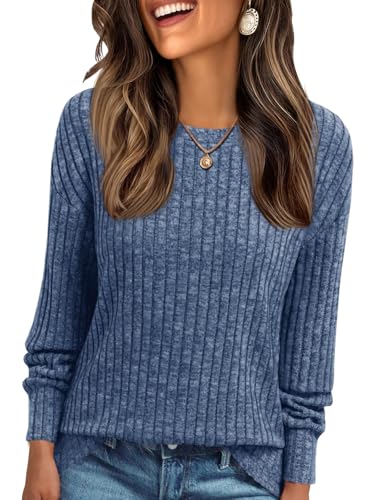 Cicy Bell Damen Langarmshirt Leichte Strickpullover Henley Shirt Dressy Casual Rundhals Sweatshirt Loose Fit Tunika Tops,Blau,S von Cicy Bell