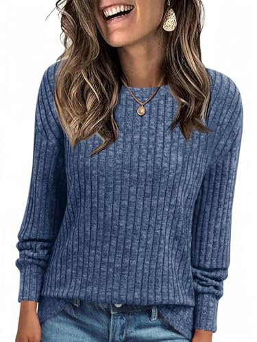 Cicy Bell Damen Langarmshirt Leichte Strickpullover Henley Shirt Dressy Casual Rundhals Sweatshirt Loose Fit Tunika Tops,Blau,XL von Cicy Bell