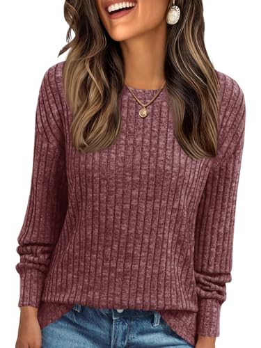 Cicy Bell Damen Langarmshirt Leichte Strickpullover Henley Shirt Dressy Casual Rundhals Sweatshirt Loose Fit Tunika Tops,Dunkelrosa,S von Cicy Bell