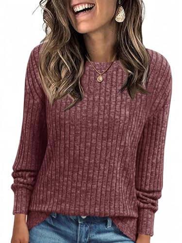 Cicy Bell Damen Langarmshirt Leichte Strickpullover Henley Shirt Dressy Casual Rundhals Sweatshirt Loose Fit Tunika Tops,Dunkelrosa,XXL von Cicy Bell
