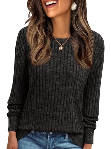 Cicy Bell Damen Langarmshirt Leichte Strickpullover Henley Shirt Dressy Casual Rundhals Sweatshirt Loose Fit Tunika Tops,Schwarz,S von Cicy Bell