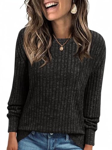Cicy Bell Damen Langarmshirt Leichte Strickpullover Henley Shirt Dressy Casual Rundhals Sweatshirt Loose Fit Tunika Tops,Schwarz,XXL von Cicy Bell