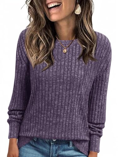 Cicy Bell Damen Langarmshirt Leichte Strickpullover Henley Shirt Dressy Casual Rundhals Sweatshirt Loose Fit Tunika Tops,Violett,XL von Cicy Bell