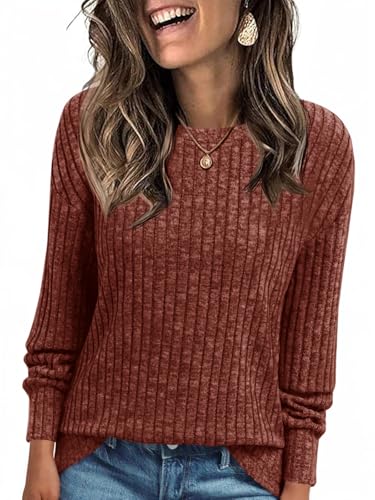 Cicy Bell Damen Langarmshirt Leichte Strickpullover Henley Shirt Dressy Casual Rundhals Sweatshirt Loose Fit Tunika Tops,Weinrot,S von Cicy Bell