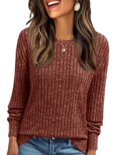 Cicy Bell Damen Langarmshirt Leichte Strickpullover Henley Shirt Dressy Casual Rundhals Sweatshirt Loose Fit Tunika Tops,Weinrot,XL von Cicy Bell
