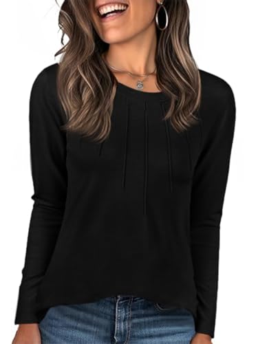 Cicy Bell Damen Langarmshirt Rundhals Basic Longshirt Falten Tshirt Langarm Oberteil Elegant Tunika Tops Lockere Shirt Schwarz L von Cicy Bell