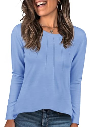Cicy Bell Damen Langarmshirt Rundhals Basic Longshirt Falten Tshirt Langarm Oberteil Elegant Tunika Tops Lockere Shirt Hellblau XXL von Cicy Bell
