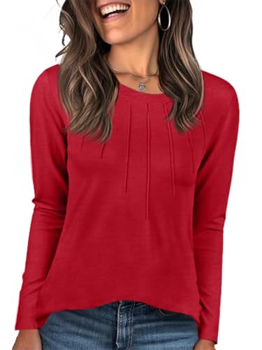 Cicy Bell Damen Langarmshirt Rundhals Basic Longshirt Falten Tshirt Langarm Oberteil Elegant Tunika Tops Lockere Shirt Rot XXL von Cicy Bell