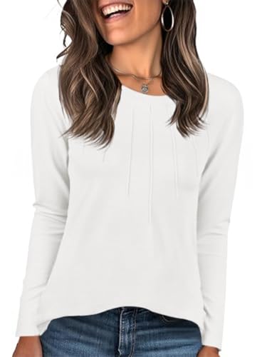 Cicy Bell Damen Langarmshirt Rundhals Basic Longshirt Falten Tshirt Langarm Oberteil Elegant Tunika Tops Lockere Shirt Weiß S von Cicy Bell