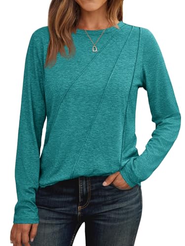 Cicy Bell Damen Langarmshirt Rundhals Oberteile Casual Falten Longshirt Einfarbig Pullover Elegant Tunika Tops Blau-Grün L von Cicy Bell