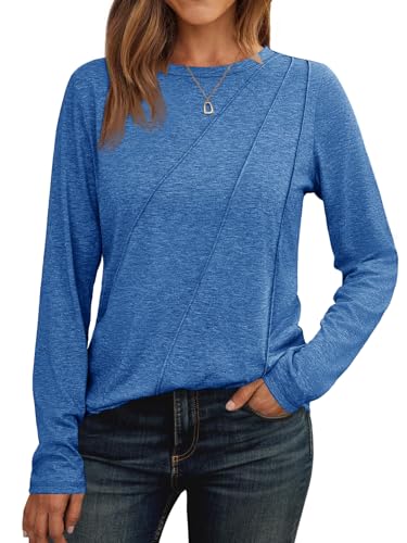 Cicy Bell Damen Langarmshirt Rundhals Oberteile Casual Falten Longshirt Einfarbig Pullover Elegant Tunika Tops Blau S von Cicy Bell