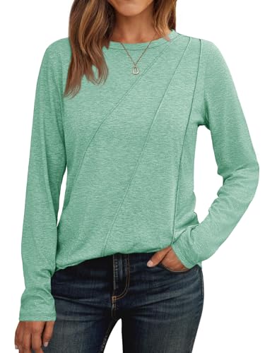 Cicy Bell Damen Langarmshirt Rundhals Oberteile Casual Falten Longshirt Einfarbig Pullover Elegant Tunika Tops Hellgrun XXL von Cicy Bell