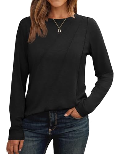 Cicy Bell Damen Langarmshirt Rundhals Oberteile Casual Falten Longshirt Einfarbig Pullover Elegant Tunika Tops Schwarz XXL von Cicy Bell
