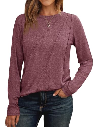 Cicy Bell Damen Langarmshirt Rundhals Oberteile Casual Falten Longshirt Einfarbig Pullover Elegant Tunika Tops Weinrot XXL von Cicy Bell