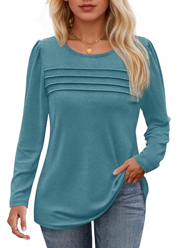 Cicy Bell Damen Langarmshirt Rundhals Oberteile Casual Falten Puffärmel Longshirt Einfarbig Bluse Loose Fit Tunika Top,Blau,XXL von Cicy Bell