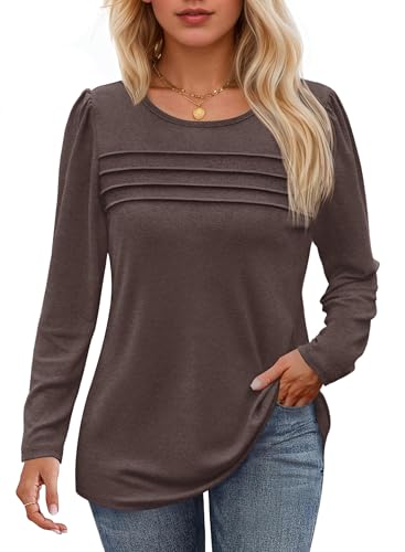 Cicy Bell Damen Langarmshirt Rundhals Oberteile Casual Falten Puffärmel Longshirt Einfarbig Bluse Loose Fit Tunika Top,Kaffee,XL von Cicy Bell