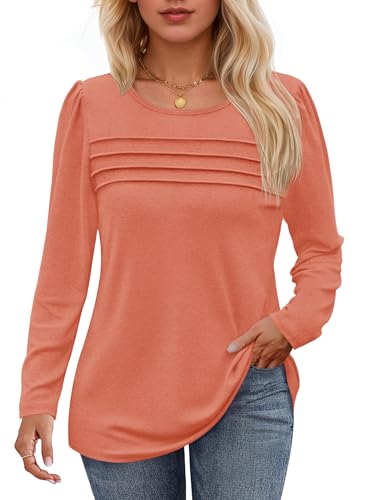 Cicy Bell Damen Langarmshirt Rundhals Oberteile Casual Falten Puffärmel Longshirt Einfarbig Bluse Loose Fit Tunika Top,Orange,XXL von Cicy Bell