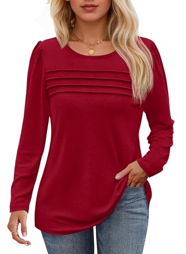 Cicy Bell Damen Langarmshirt Rundhals Oberteile Casual Falten Puffärmel Longshirt Einfarbig Bluse Loose Fit Tunika Top,Rot,XL von Cicy Bell