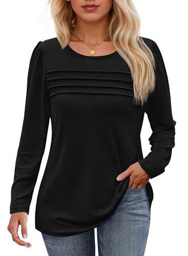 Cicy Bell Damen Langarmshirt Rundhals Oberteile Casual Falten Puffärmel Longshirt Einfarbig Bluse Loose Fit Tunika Top,Schwarz,XXL von Cicy Bell